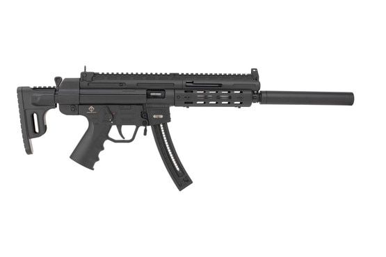 GSG 16 22lr rimfire rifle features a fake suppressor